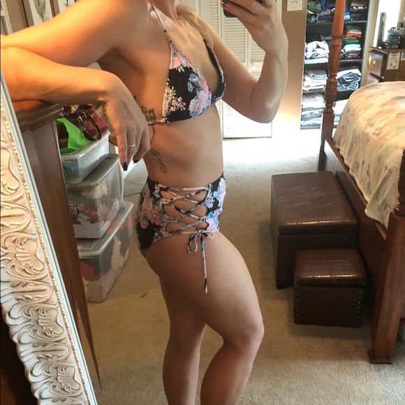 Lace Up High Waisted Floral Pink & Black bikini - Picture 7 of 12